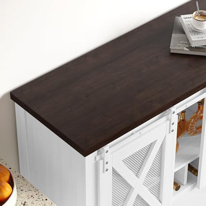 Farmhouse Sideboard Buffet Cabinet With Sliding Barn Doors – Coffee Bar Console Table Featuring Open Storage Shelf & Wine Racks, Entryway Table for Kitchen, Dining Room, Hallway, 46.5” （White & Brown）