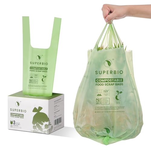 SUPERBIO 3 Gallon Compostable Food Waste Bags, 80 Count, Food Scrap Bags with Handles, ASTM D6400, BPI and OK compost INDUSTRIAL - color: 3 Gallon with Handles, 80 Count