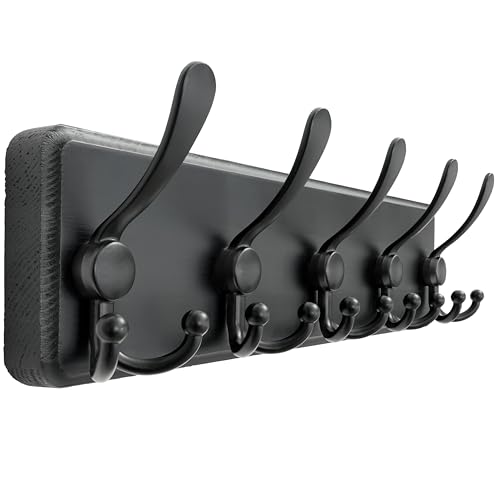 Dseap Coat Rack Wall Mounted - 5 Tri Hooks, Heavy Duty, Wooden Wall Coat Hanger Coat Hook for Clothes Hat Jacket Clothing, Black - color: Black, size: L=17.4"