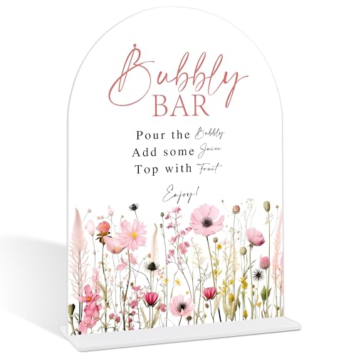Pink Flower Bubbly Bar Sign, Bar Decoration, Bridal Shower Decor, Wedding Reception Decorations, Bridal Shower Centerpieces for Tables, Engagement Party Decor, Arch Acrylic Wedding Sign With Base-4 - color: Bubbly Bar04