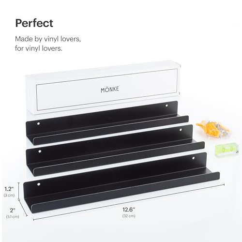 Vinyl Record Shelf - 3 Metal Display Shelves - Wall Mount Now-Playing Vinyl Shelves - an Album Record Holder that Doubles as a Picture Ledge - Fits All Records (Black) - color: Metal (Black)