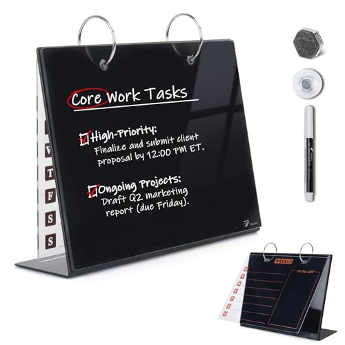 Desktop Glass Dry Erase & Acrylic Aesthetic Desk Calendar Weekly to-do List Combo, Small Magnetic Standing Whiteboard, Desk Flip Easel Calendar with Accessories for Home Office Supply, Black, 9 x 7'' - color: Black With Flip Sheet