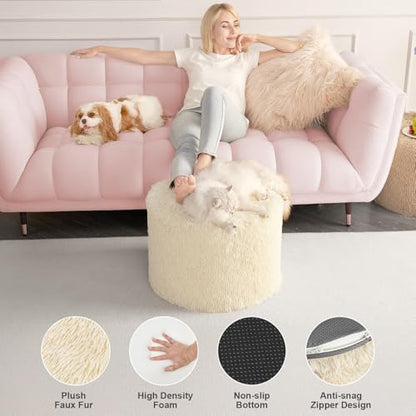 Hansleep Round Pouf Ottoman Foot Rest, Footstool, Beige | High-Density One-Piece Foam, 20 x 15 Inch, Firm & Stable, for Couch, Bedroom, Living Room, Machine Washable Cover - color: Beige, size: 20"D x 20"W x 15"H