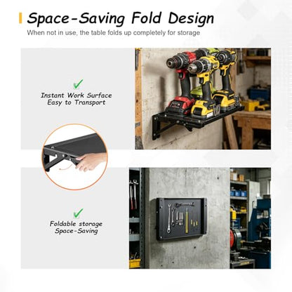 Wall-Mounted Folding Metal Workbench with Magnetic Tool Tray, Heavy-Duty Fold-Down Work Table for Garage, Workshop, Toolbox & Storage Systems, Space-Saving Steel Work Surface