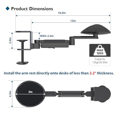 BONTEC Adjustable Arm Rest for Desk, Ergonomic Elbow Rest Pad, 360° Rotating & Extendable Desk Arm Support, Durable Aluminum, Keyboard & Computer Arm Rest Pad, Office & Gaming Desk Accessories
