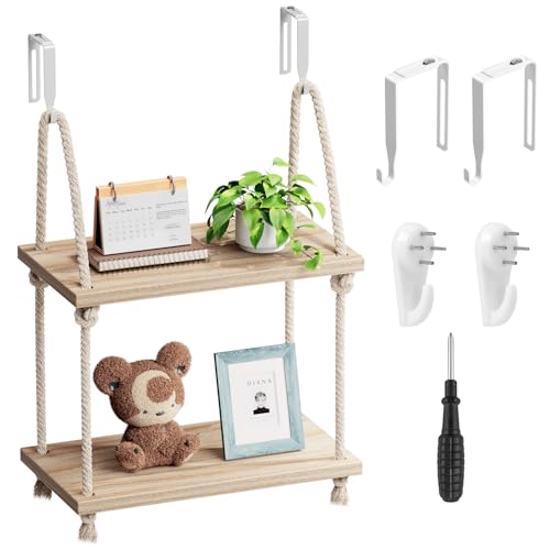 2 Tier Cubicle Shelf for Walls, 11.8" Wooden Hanging Wall Shelf with Hooks & Cotton Rope, Boho Style Office Cubicle Accessories for Work, Desk Wall Storage Organizer for Office Decor