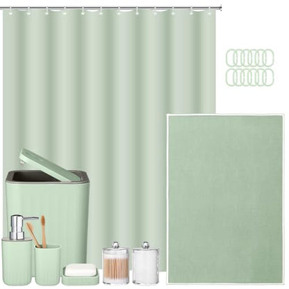Hosuly 9 Pcs Bathroom Accessory Set Shower Curtain and 12 Hooks Table Trash Can Soap Dispenser Soap Dish Non Slip Bathroom Rugs Cup and Cotton Swab Holder Complete for Bathroom Decor (Sage Green) - size: Sage Green