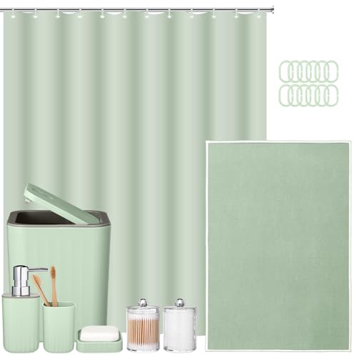 Hosuly 9 Pcs Bathroom Accessory Set Shower Curtain and 12 Hooks Table Trash Can Soap Dispenser Soap Dish Non Slip Bathroom Rugs Cup and Cotton Swab Holder Complete for Bathroom Decor (Sage Green) - size: Sage Green
