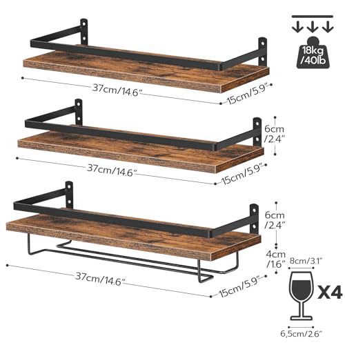 HOOBRO Wall Mounted Wine Rack 3 Pack, Wine Rack with Glass Bottle Holder, Hanging Wine Shelves with Stemware Hanger, Wine Display Storage Rack for Home Bar, Kitchen, Dining Room, Rustic Brown BF34BJ01