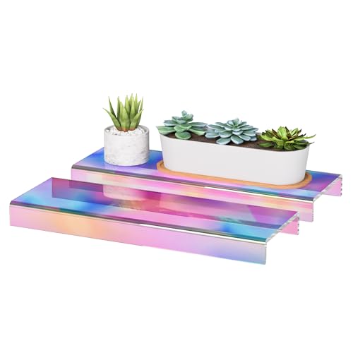 Sezanrpt Acrylic Shelf Riser 12x3.9x1 pack of 2, Iridescent Display Shelf 12” for Shoes, Glasses, Plants, Home Decors, Perfume, 12x3.9x1 Inch - color: Iridescent, size: 12x3.9x1 Inch