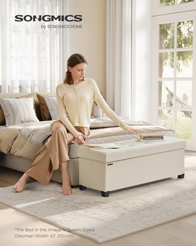 SONGMICS Storage Ottoman Bench, Foldable Foot Rest with Legs, 15 x 43 x 15.7 Inches, End of Bed Bench, Storage Chest, Load up to 660 lb, for Living Room, Bedroom, Entryway, Cream White ULSF018W01 - color: Cream White, size: 15"D x 43"W x 15.7"H