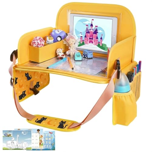 MENZOKE Kids Travel Tray for Toddler Car Seat, Toddler Gift for Boy | Road Trip Essentials Accessories Lap Tray, 16.5 x 13 inch, iPad Holder Stand, Storage Pockets, Snack Compartment, Yellow - color: Yellow BlackCat