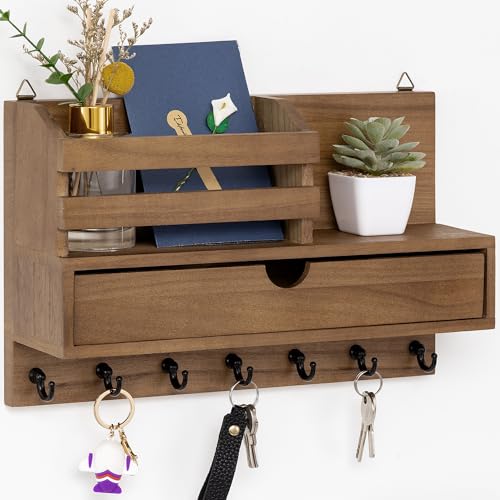 dreampossible Key and Mail Holder for Wall, Mail Organizer Wall Mount with 6 Hooks and Storage Drawer, Wooden Key Rack Hanger with Shelf for Entryway and Home Decor - color: Brown, size: Large(13.4''x8.7'')
