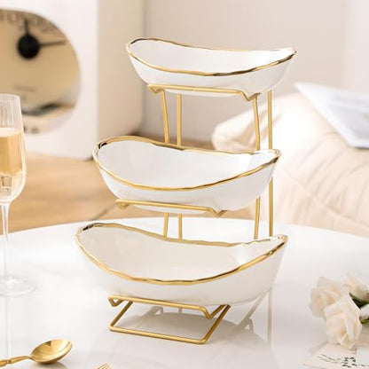 Gold Silver Fruit Bowl with Metal Stand, 3 Tier Ceramic White Fruit Bowl Fruit Rack for Kitchen Counter, Tiered Fruit Basket for Snacks Bread Candy Storage (White A (Smooth Surface)) - color: White A (Smooth Surface)