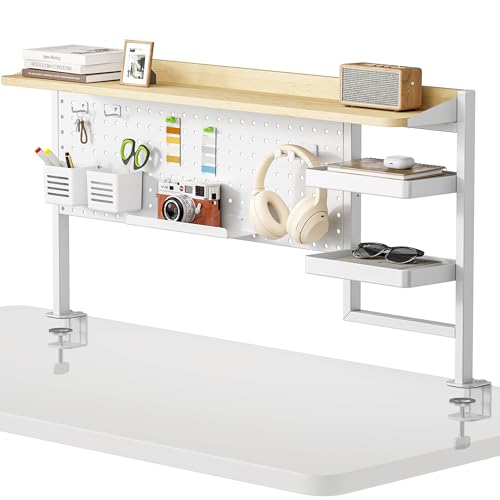 PEGZONE Clamp on Desk Shelf, 44" Desktop Shelving System, White | with Pegboard and Accessories, Desktop Organizer with 2-Tier Shelf, Desk Pegboard for Gaming Office - color: White