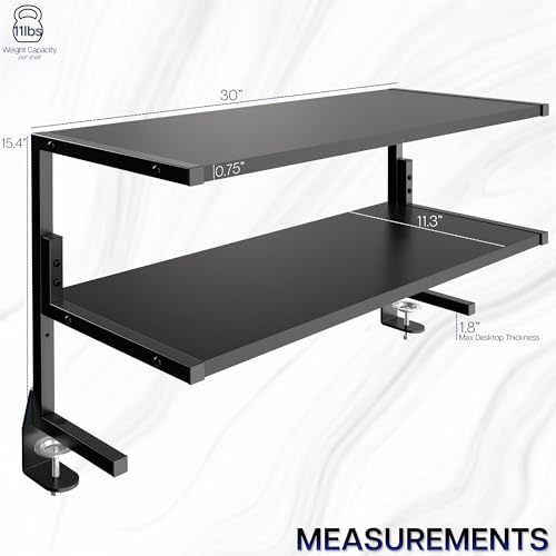 VIVO Black Clamp-on 30 inch 2-Tier Desk Shelf, STAND-SHELF30C | Above or Below Desk, 2 Level Shelving Unit for Table Accessories, Gaming Devices, and More, Storage Tray, Desktop Organizer