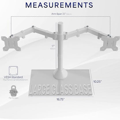 VIVO Freestanding Dual Monitor Stand with Sleek Glass Base and Adjustable Arms, Mounts 2 Screens up to 32 inch and 22 lbs Each, White, STAND-V002FGW - color: White, size: 13" to 32" Screens