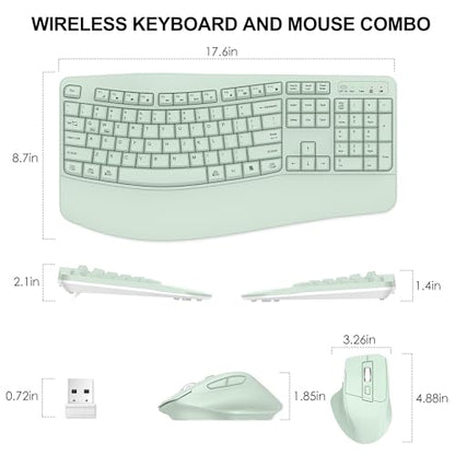Wireless Keyboard and Mouse Combo, 2.4G Full Size Wave Keys Ergonomic Keyboard with Wrist Rest and 3-Level DPI Adjustable Wireless Ergonomic Mouse for Windows, Mac OS Desktop/Laptop/PC(Avocado Green) - color: Green