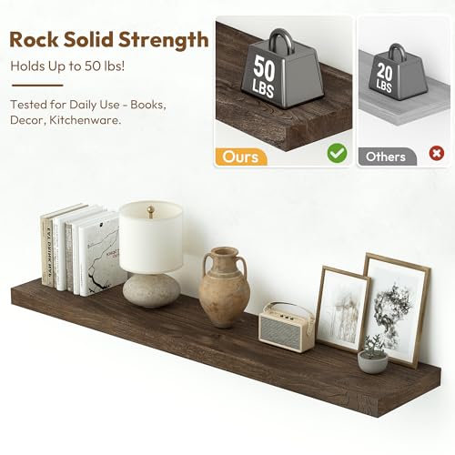 Flat Edge Elm Wood Floating Shelf with Invisible Bracket 36”American Walnut - color: American Walnut, size: 36”,set of 2
