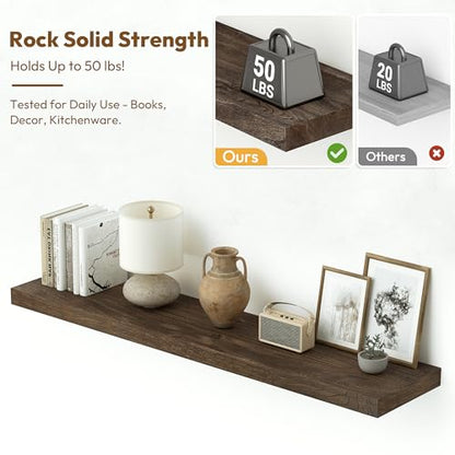 Flat Edge Elm Wood Floating Shelf with Invisible Bracket 36”American Walnut - color: American Walnut, size: 36”,set of 2