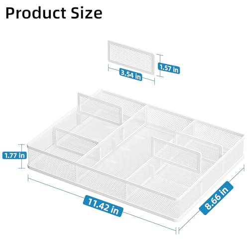 Marbrasse 2P Desk Drawer Organizer, Metal Mesh Drawer Organizer Tray with 5 Adjustable Compartments,Desk Organizers and Accessories for Home,Office,Kitchen,Makeup,Vanity (White) - color: 2Pack White