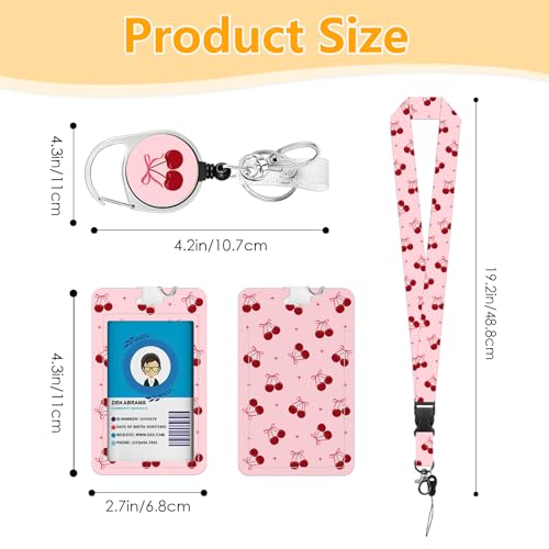 Cherry Badge Holder with Lanyard, Beautiful Bow ID Badge Holder with Retractable Reel Clip and Keychain for Bow Lover, Vertical Identity Card Cover Case Protector for Women Nurse Teacher - color: Cherry-pink