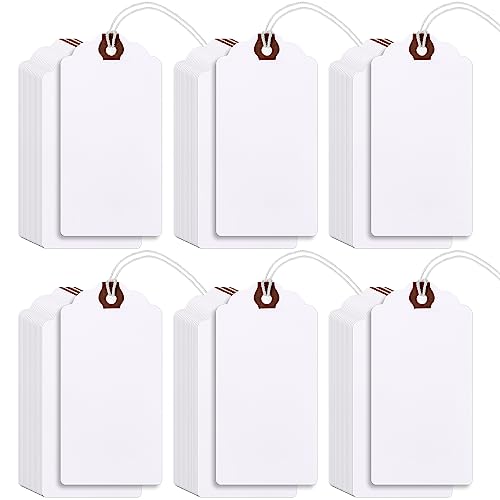 Outus 60 Pcs 4 3/4-in x 2 3/8-in Blank Large Paper Gift Tags with String and Reinforced Eyelet Wire Writable Price Tags Shipping Labels Inventory Labels(White) - color: White, size: Solid Style