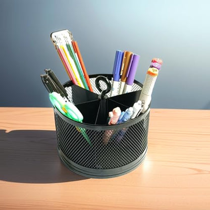 SETTFRFE Mesh Rotating Pen Holder for Desk, Black, 6-Slot | Large Pen Container with Handle, Multi-Functional Desk Organizer for Office Supplies, Art Tools & Makeup Brushes