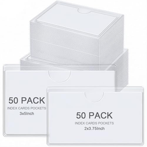 Outus 100 Pcs Index Card Pockets, 2 x 3.75, 3 x 5 Inch Clear Self Adhesive Labels Pocket for Business, Plastic Label Sleeves with Top Open for Organizing Storage Bins Library Card Shelves Scrapbooks - size: 2 x 3.75, 3 x 5 Inch