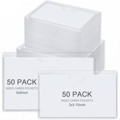 Outus 100 Pcs Index Card Pockets, 2 x 3.75, 3 x 5 Inch Clear Self Adhesive Labels Pocket for Business, Plastic Label Sleeves with Top Open for Organizing Storage Bins Library Card Shelves Scrapbooks - size: 2 x 3.75, 3 x 5 Inch
