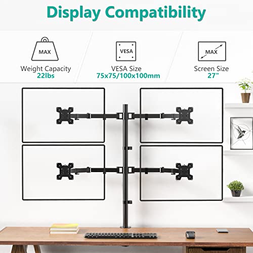 WALI Quad Monitor Desk Mount, 4 Monitor Stand Fits Heavy Duty Computer Screen up to 27 inch, Full Adjustable Arm Holds up to 22 lbs per Arm (M004), Black - size: 13"-27", style: Quad