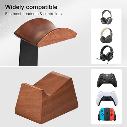 UPERGO Headset Stand with 2 Controller Holders - Solid Wood & Metal Gaming Headphone Holder for Switch, Controllers, and Desk Accessories (Wood) - color: Wood