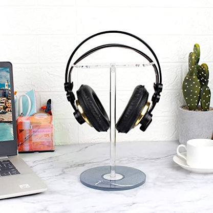 Clear Acrylic Headphone Stand with Patterned Base – Universal Holder for AirPods Max, Gaming & Wireless Headphones – Space-Saving Desk Organizer for Home & Gaming Setup (Black Record/LP) - style: Black Record/LP