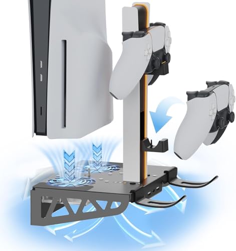 PS5/PS5 Slim/ PS5 Pro Wall Mount, Accessories Kit with Cooling Fan & Charging Station, Shelf Floating Mount for PS5/PS5 Slim/ PS5 Pro Disc & Digital Console, Behind TV Wall Bracket