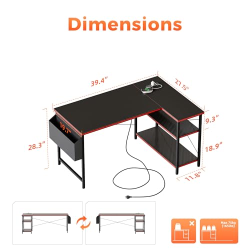 Mericonia Small L Shaped Computer Desk with Power Outlets, Reversible Gaming Desk with Storage Shelves, Corner Gamer Desk Table, Study Writing Table - color: Carbon Fiber, size: 39.4 inch