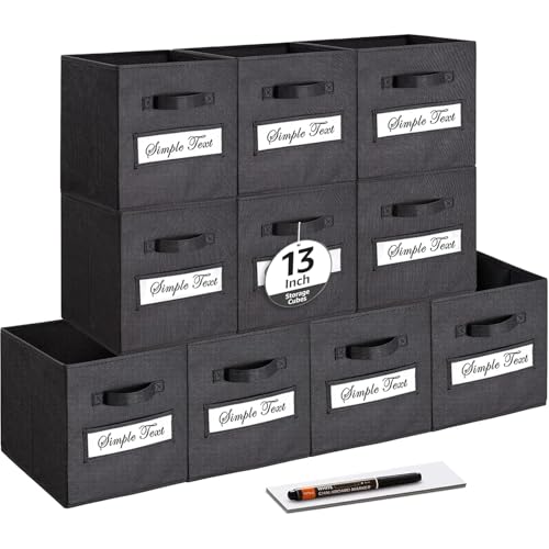 13x13x13 storage cube bins (Set of 10) Fabric storage cubes with 10 Labels Window Cards & a Pen, storage cubes 13x13, Collapsible 13 inch cube storage bins, Cubby Organizer Boxes, Black - color: Black, size: 13"