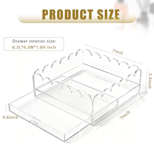 Scalloped Acrylic Tray, 7" x 7" Clear Acrylic Tray with Insert Drawer | Durable Acrylic, Modern Desk Decor Gift, Acrylic Trays for Needlepoint insert, Photos, Art, Fabric, Napkin, Jewelry Organizer - size: 7" x 7" x 2.4"