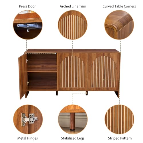 59" Long Buffet Cabinet with Storage, 3 Door Sideboard Kitchen Cabinet with Adjustable Shelf, Wood TV Stand Console Table for Living Room, Arched Accent Sorage for Coffee Bar (3 Doors - Walnut)