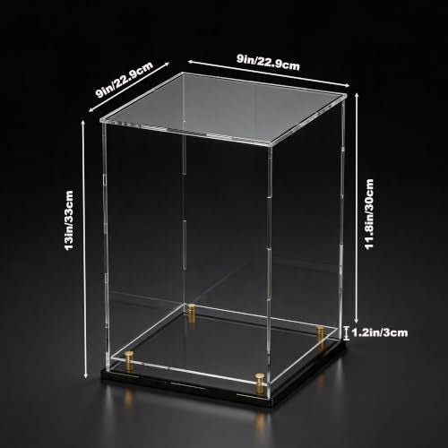 Acrylic Display Case for Collectibles, Dustproof Acrylic Box with Clear Display Elevation & Gold Risers, Large Display Case for Figures Toys Memorabilia, 9" L x 9" W x 13" H - size: 9"L x 9"W x 13"H