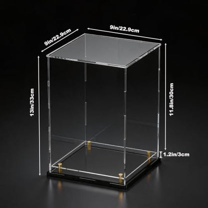Acrylic Display Case for Collectibles, Dustproof Acrylic Box with Clear Display Elevation & Gold Risers, Large Display Case for Figures Toys Memorabilia, 9" L x 9" W x 13" H - size: 9"L x 9"W x 13"H
