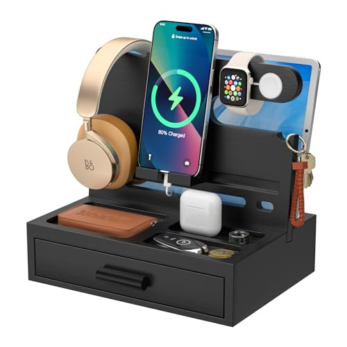 Sephyroth Bamboo Phone Docking Station Nightstand Organizer Cell Phone Stand Gifts for Men, Dad Gifts for Boyfriend, Husband with Drawer Storage (Black) - color: Black
