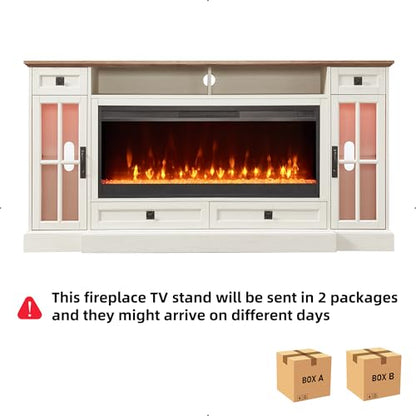 RedLemon Farmhouse Fireplace TV Stand for 80 Inch TV, 36" Tall Entertainment Center with 42" Crystal Eletric Fireplace, Modern Media Console Table with LED Lights for Living Room, Antique White - color: Antique White