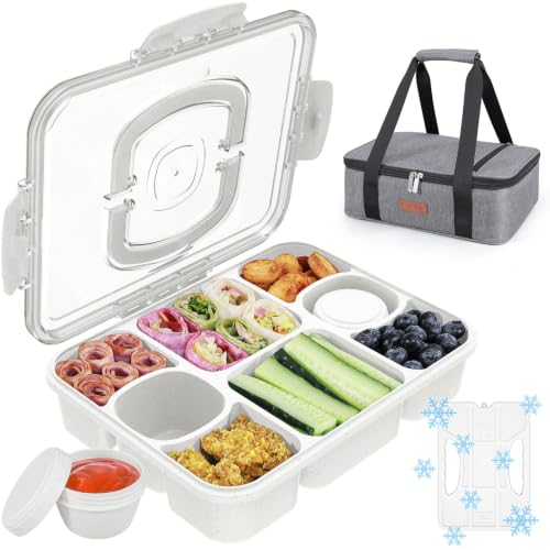 Chilled Snackle Box Container with Ice Pack & Insulated Bag, Portable Snack Tray with 2 Sauce Cups, Divided Serving Tray for Travel Picnic, Leak-Proof, Dishwasher Safe, BPA-Free - color: White + Ice Pack & Insulated Bag