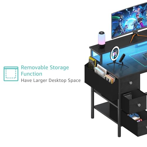 Lufeiya Gaming Desk with LED Lights and Power Outlets, 47 inch Computer Desk with Fabric Drawers & Storage Shelves, Home Office Desk with Monitor Stand, Black - color: Black