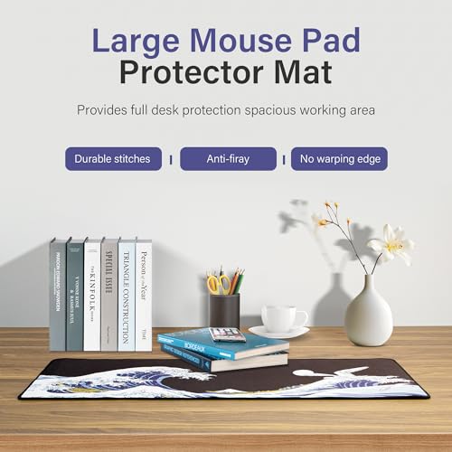 XVX Japanese Sea Wave Large Mouse Pad for Desk, Desk Mat with Seamed Edges, Waterproof Desk Pad, Gaming Mouse Pad Non-Slip Rubber Base, 31.5x11.8 Inch 3mm Thick Keyboard Pad Computer Mat, Kanagawa - color: Kanagawa
