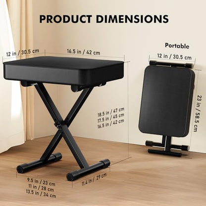 GLEAM Keyboard Stand and Bench Set, Double X Style Digital Piano Stand Height from 19" to 38", Heavy Density Foam Padded Stool from 14" to 18" Black