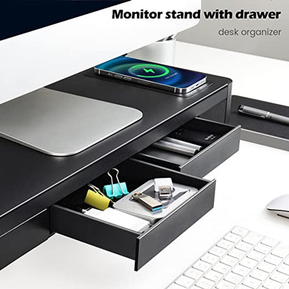 meatanty 3 In 1 Monitor Stand Riser with 2 Drawers,1 Wireless Charging Module and 4 USB Ports,Metal Computer Stand Support Transfer Data & Charging,Desk Organizer for PC,iMac (21 inches) - size: Large