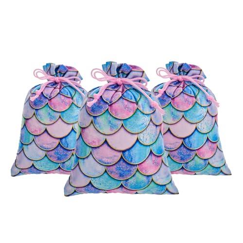 RICHNESS 16pcs Mermaid Party Favor Bags, Ocean Goodie Candy Bags, Drawstring Satin Girl Party Gift Treat Pouches for Baby Shower Kids Girls Mermaid Birthday 4.7X6.3 Inch - color: Pink
