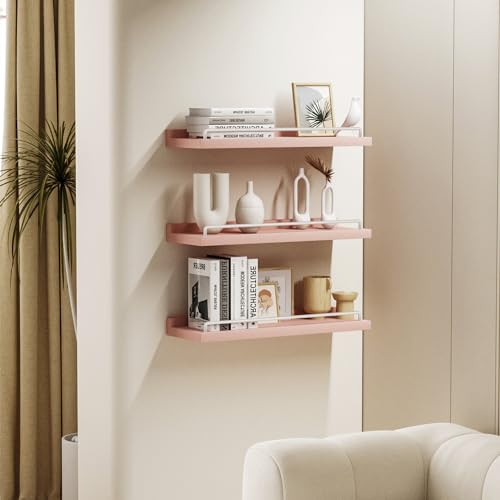 RYOFOBETTO Pink and White Floating Shelves, Kawaii Room Decor Wall Shelves - Set of 3 for Living Room, Bedroom, Kitchen, Picture Frames, Plants - color: Pink and White, size: 16"