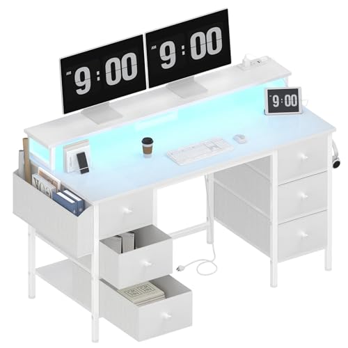 Lufeiya White Gaming Desk with Drawers & Storage Shelves, 47 inch Home Office Desk with Monitor Stand, Computer Desk with LED Lights and Power Outlets, White - color: White